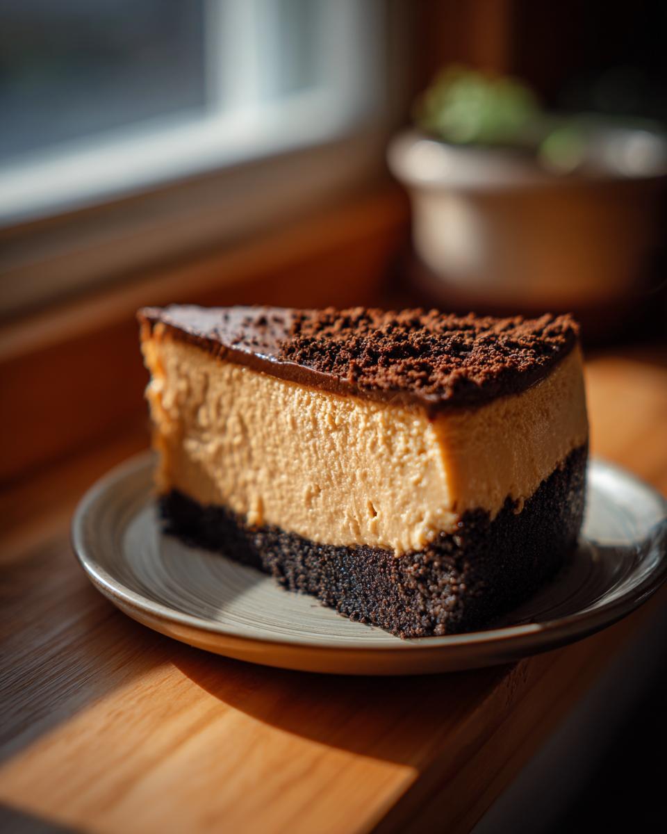 A perfect slice of Coffee Cheesecake with a dark chocolate crust, creamy filling, and chocolate crumb topping.