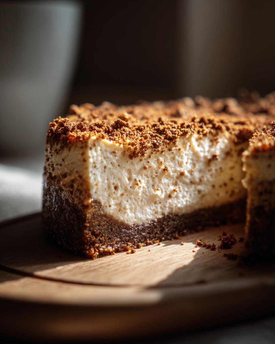 A close-up of a rich Coffee Cheesecake slice showing the creamy filling and dark crumb crust, topped with coffee crumbs.
