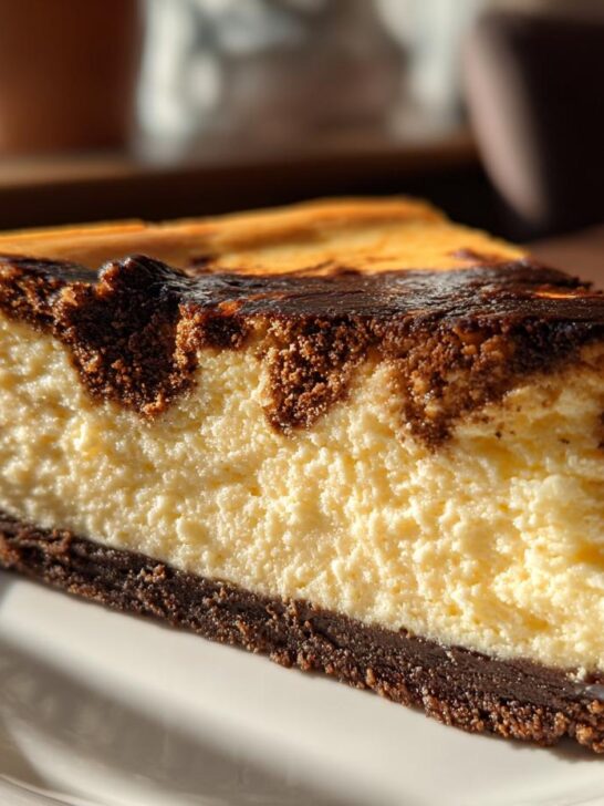 A close-up of a rich slice of Coffee Cheesecake with a dark, swirled top and chocolate crust.