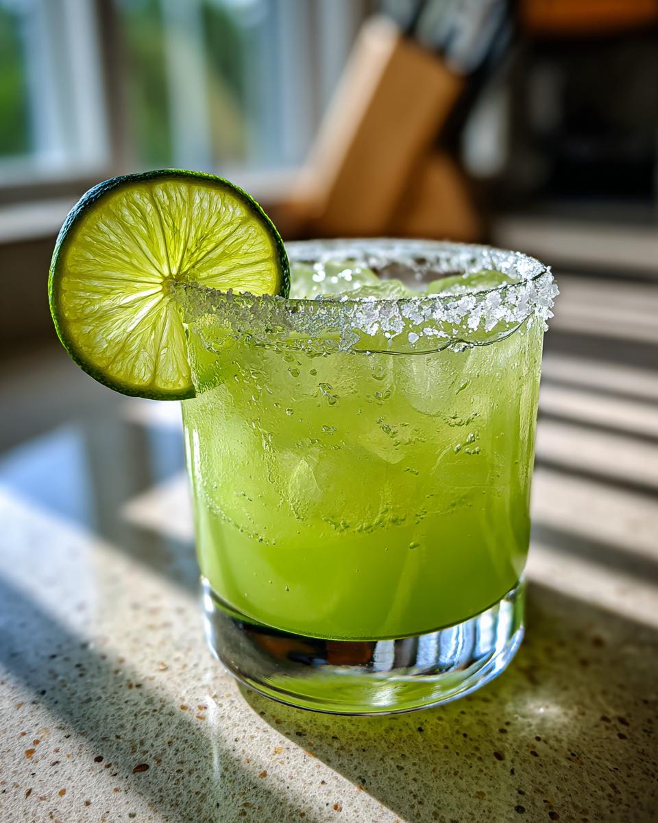 A bright green margarita cocktail with ice, a salt rim, and a lime wedge garnish, perfect for Cointreau cocktails.