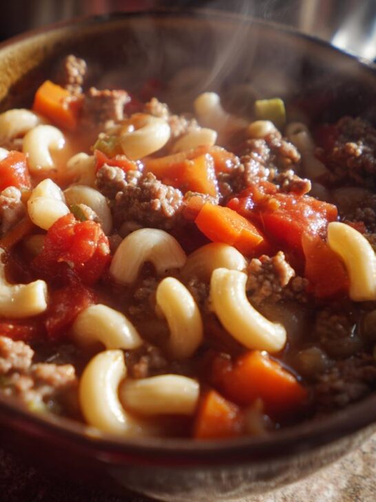 A steaming bowl of comforting hamburger soup with macaroni, tomatoes, carrots, and ground beef.