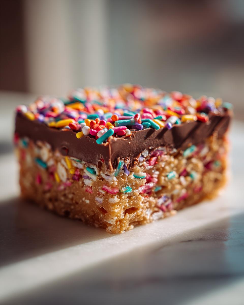 A single square of Confetti Squares Peanut Butter Marshmallow Squares with a chocolate topping and colorful sprinkles.