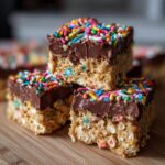 A stack of three Confetti Squares Peanut Butter Marshmallow Squares topped with chocolate and rainbow sprinkles.