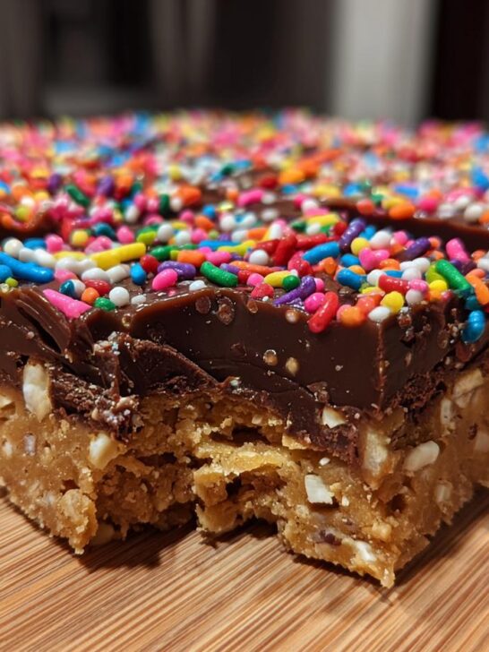 Close-up of rich Confetti Squares Peanut Butter Marshmallow Squares topped with chocolate and rainbow sprinkles.