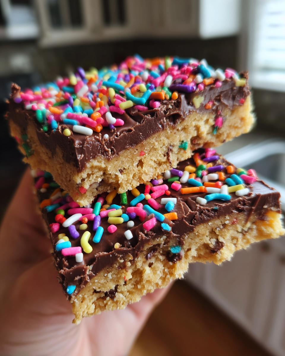 Two stacked bars of Confetti Squares Peanut Butter Marshmallow Squares with chocolate frosting and colorful sprinkles.