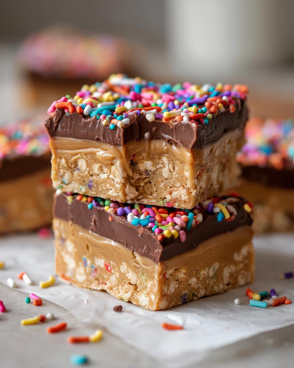 Two stacked Confetti Squares Peanut Butter Marshmallow Squares with layers of cereal base, peanut butter, chocolate, and rainbow sprinkles.