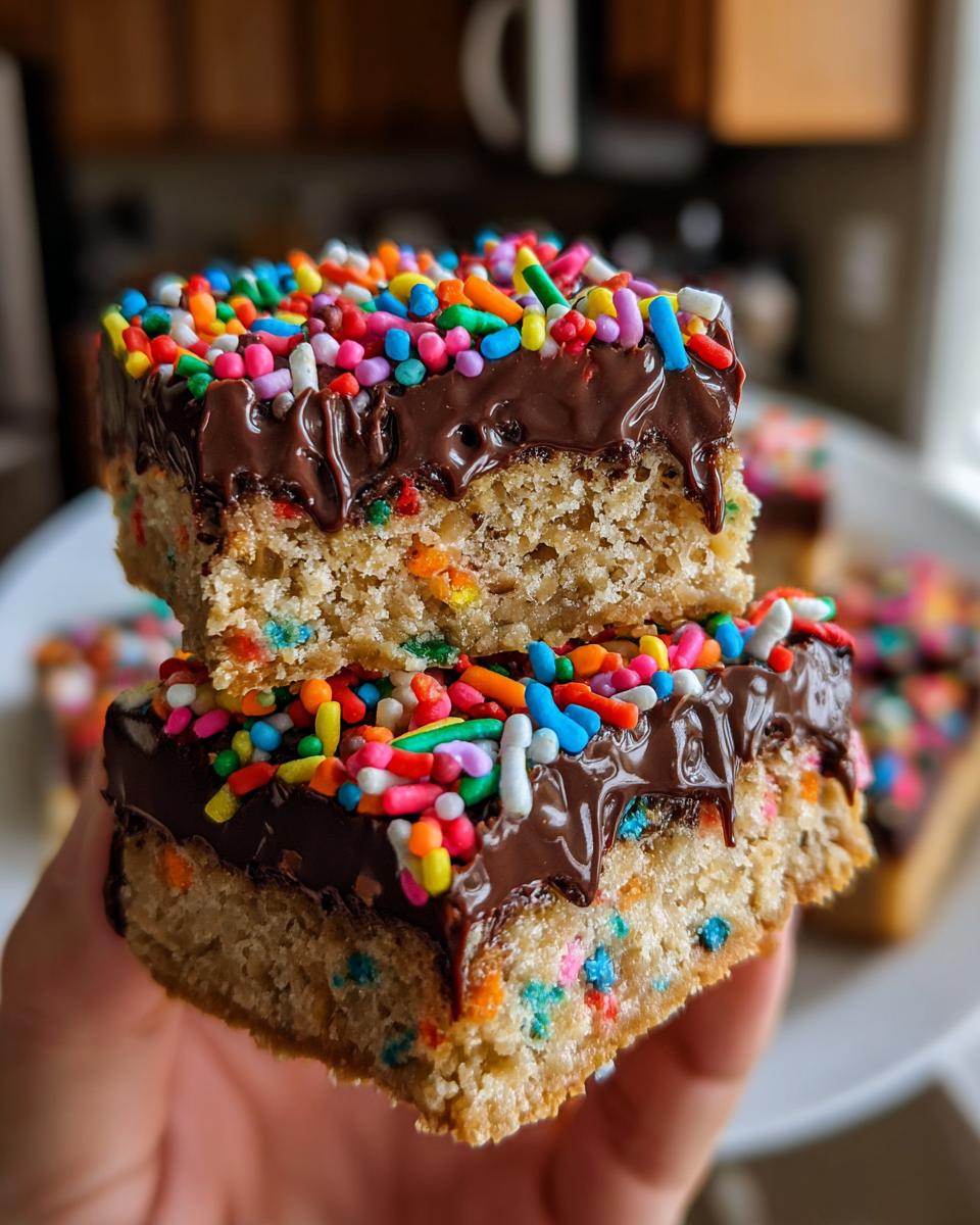 Two stacked squares of Confetti Squares Peanut Butter Marshmallow Squares topped with chocolate ganache and colorful sprinkles.