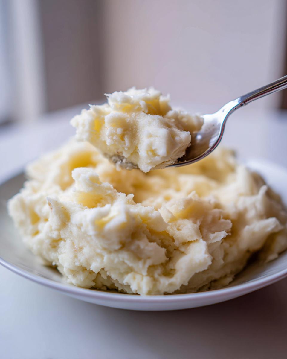 A spoonful of fluffy, creamy mashed potatoes being lifted from a bowl, showcasing a classic comfort food.