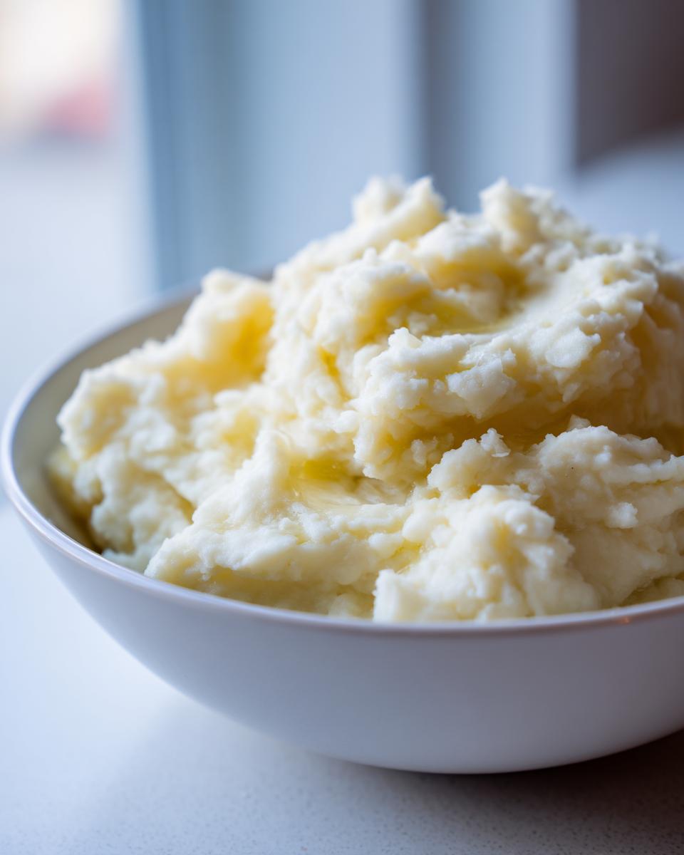 A close-up of a white bowl filled with fluffy, creamy mashed potatoes, glistening with melted butter.