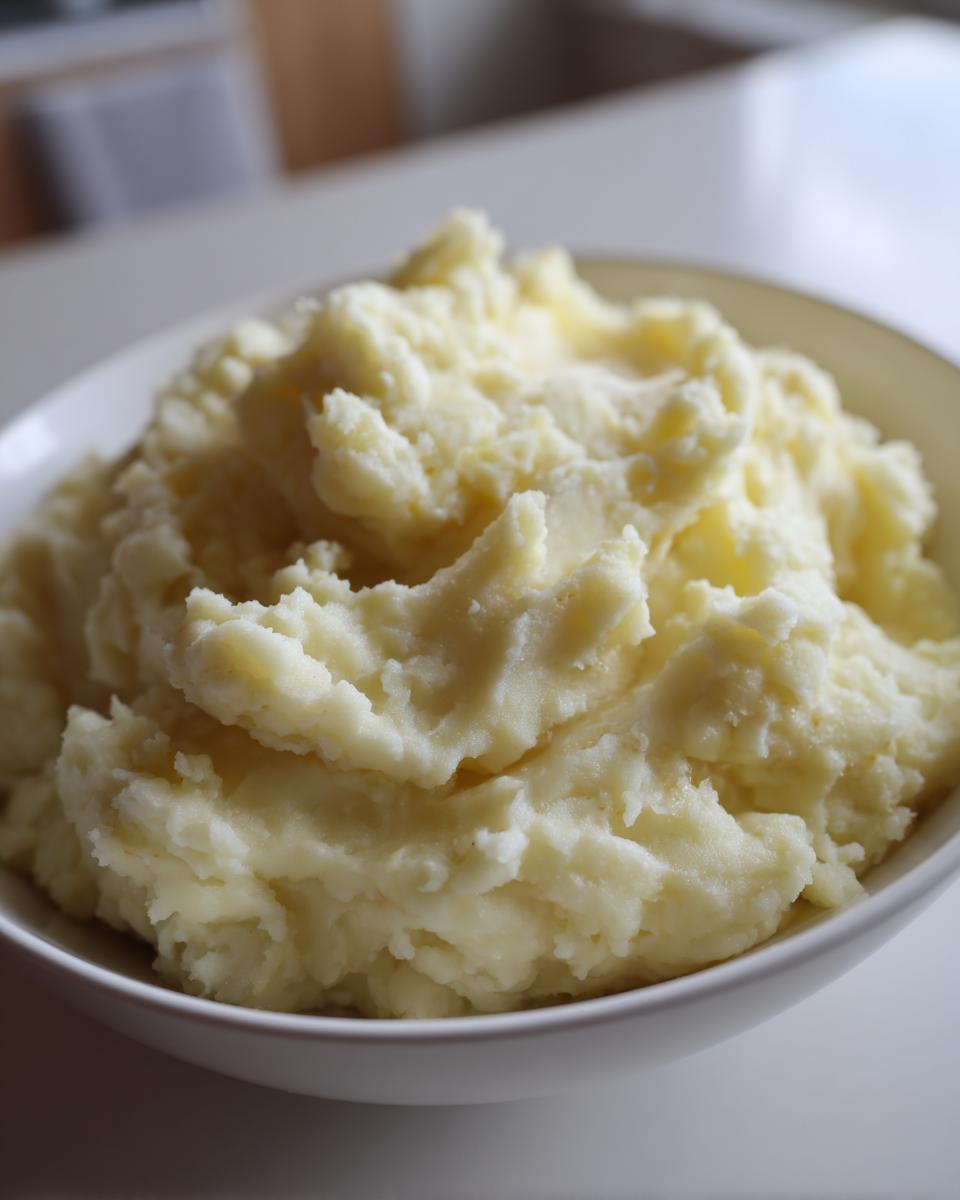 A close-up of a bowl filled with fluffy, creamy mashed potatoes, a perfect example of comfort food.