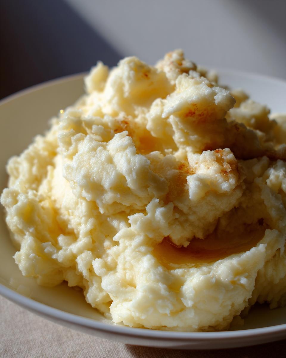 Close-up of fluffy, creamy mashed potatoes in a white bowl, drizzled with butter.