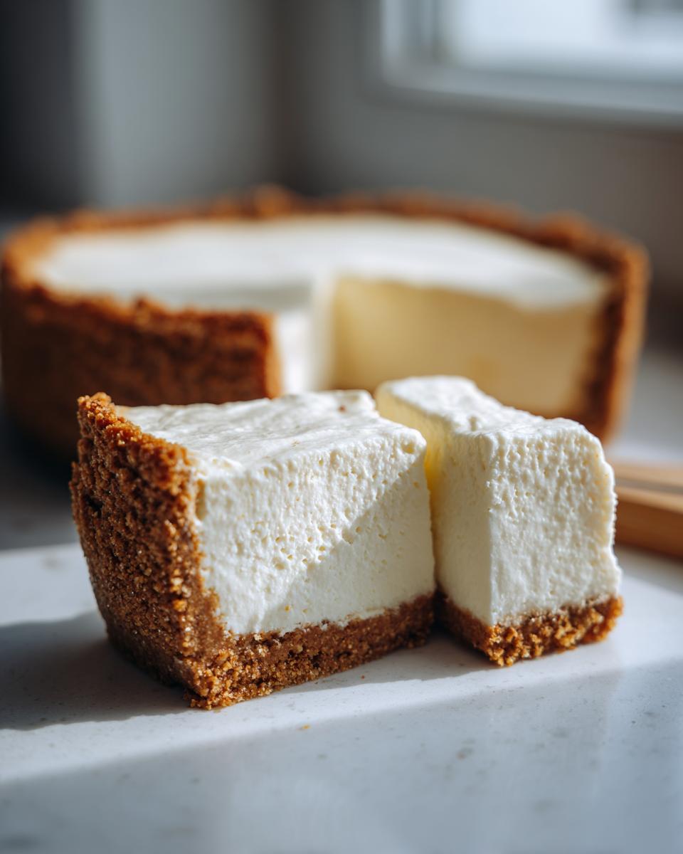 Two slices of creamy No Bake Cheesecake showing a thick graham cracker crust and light filling, with the rest of the cake blurred in the background.