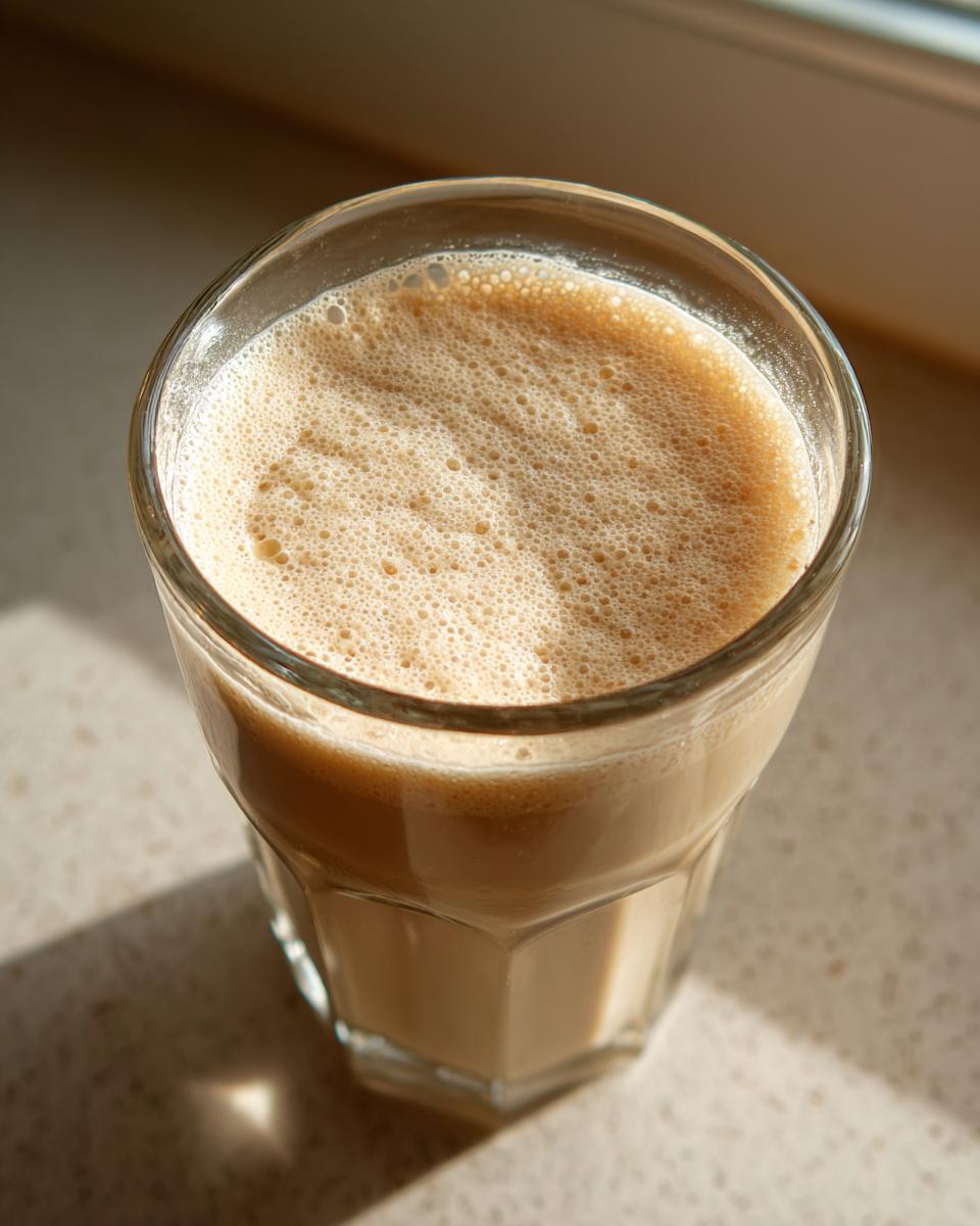 A glass of creamy vanilla sesame milk with a frothy top, bathed in sunlight.