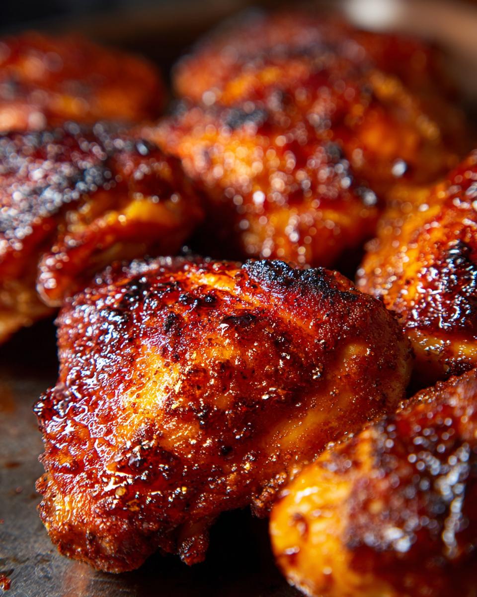 Close-up of perfectly juicy and flavorful crispy baked chicken thighs, with a rich brown, slightly charred skin.