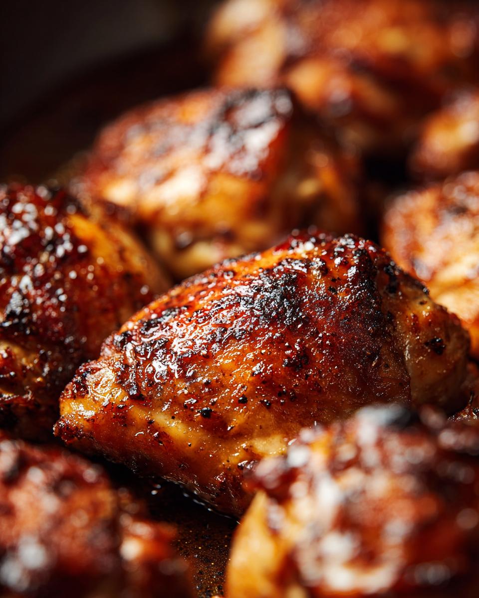 Close-up of perfectly juicy and flavorful crispy baked chicken pieces with a glistening, dark brown skin.