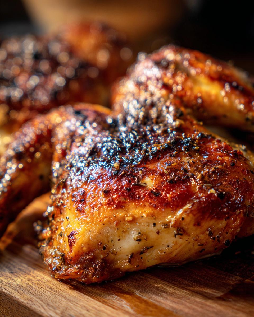 Close-up of perfectly juicy and flavorful crispy baked chicken, seasoned with herbs and spices.