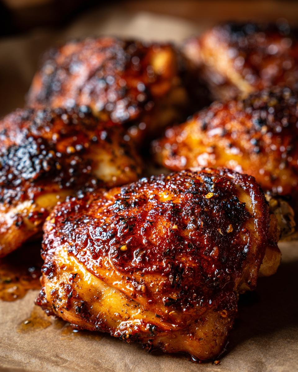 Close-up of perfectly juicy and crispy baked chicken thighs, seasoned and glistening.
