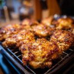 Close-up of perfectly juicy and crispy baked chicken thighs with a flavorful seasoning.