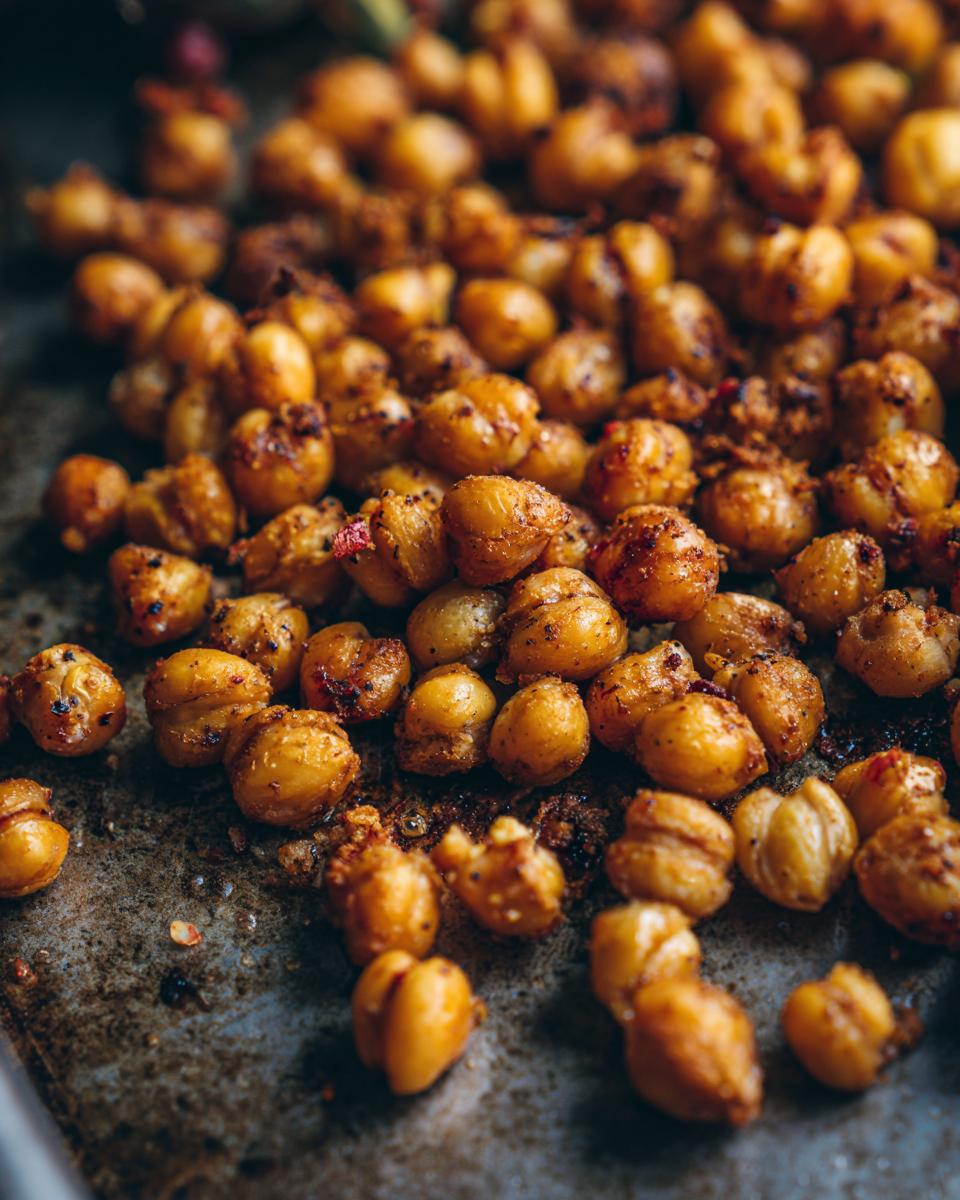 Close-up of crispy roasted chickpeas, seasoned and ready for chickpea salad.