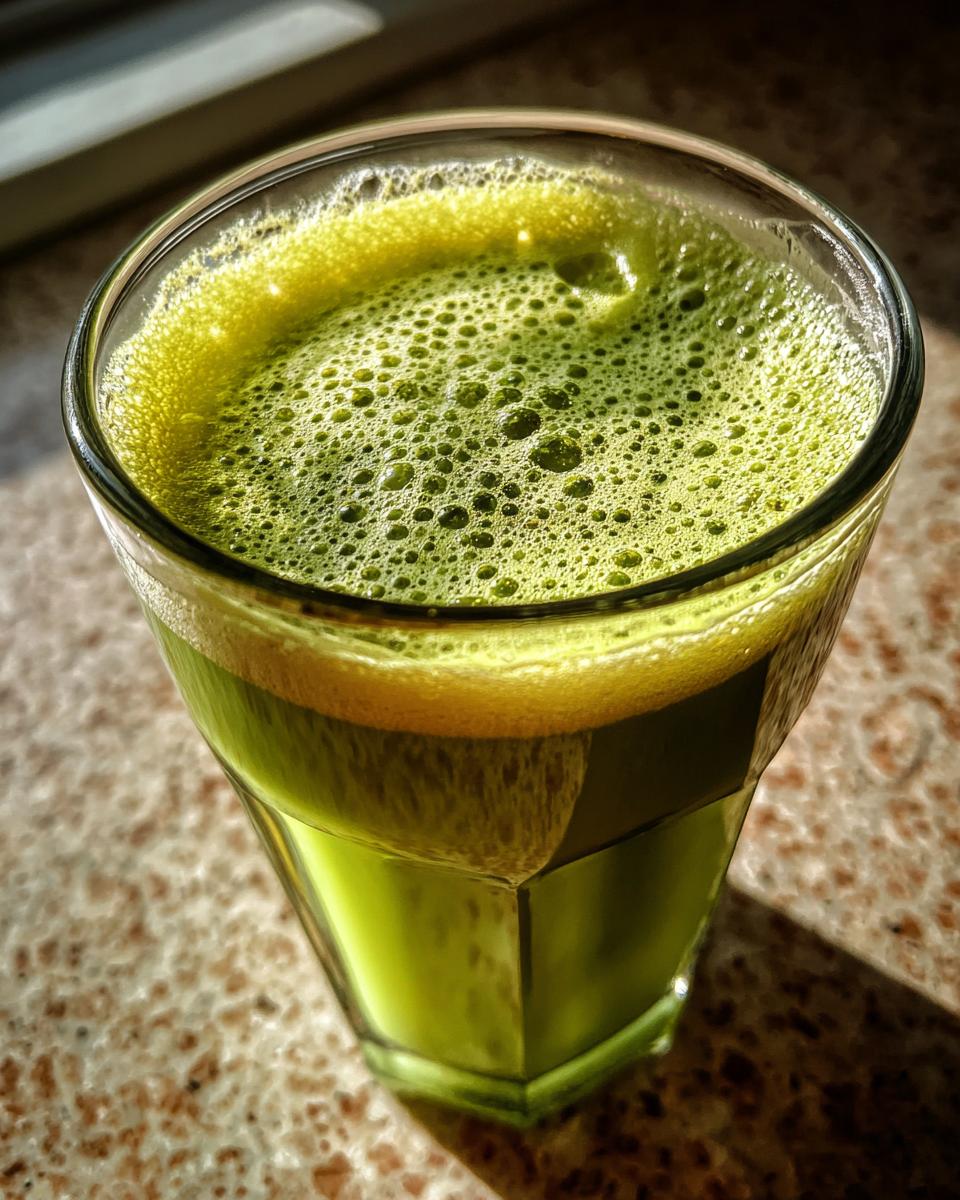 A close-up of a glass filled with vibrant green Cucumber Ginger Lemon Detox Juice, topped with foam.