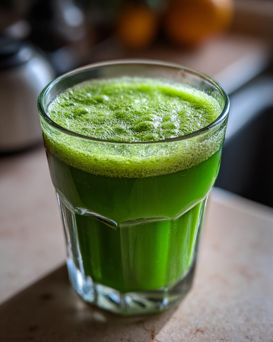 A close-up of a glass filled with vibrant green Cucumber Ginger Lemon Detox Juice, topped with foam.