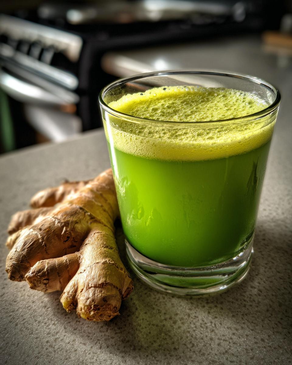A glass of vibrant green Cucumber Ginger Lemon Detox Juice with a frothy top, next to a piece of fresh ginger.