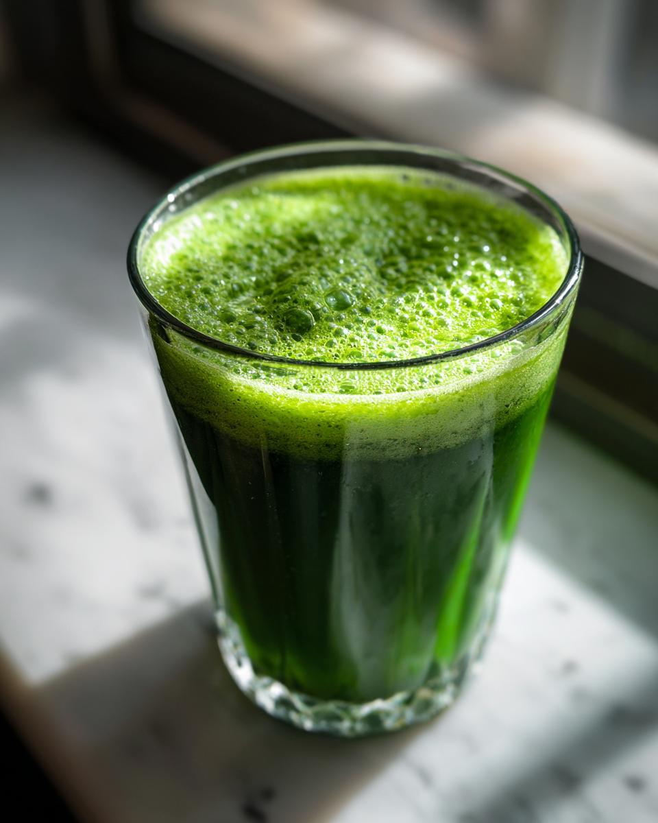 A tall glass filled with vibrant green Cucumber Ginger Lemon Detox Juice, topped with foam.
