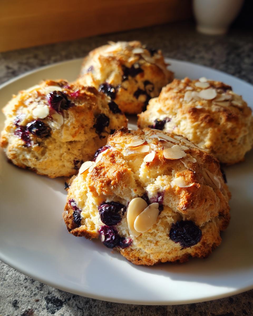 Close-up of four golden-brown Dairy Free Blueberry Almond Scones topped with sliced almonds and bursting with blueberries.