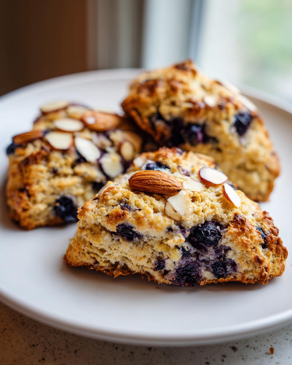 Close-up of three Dairy Free Blueberry Almond Scones on a white plate, topped with sliced almonds.