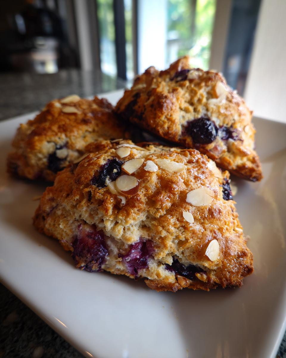 Three golden-brown Dairy Free Blueberry Almond Scones piled on a white plate, with visible blueberries and slivered almonds.