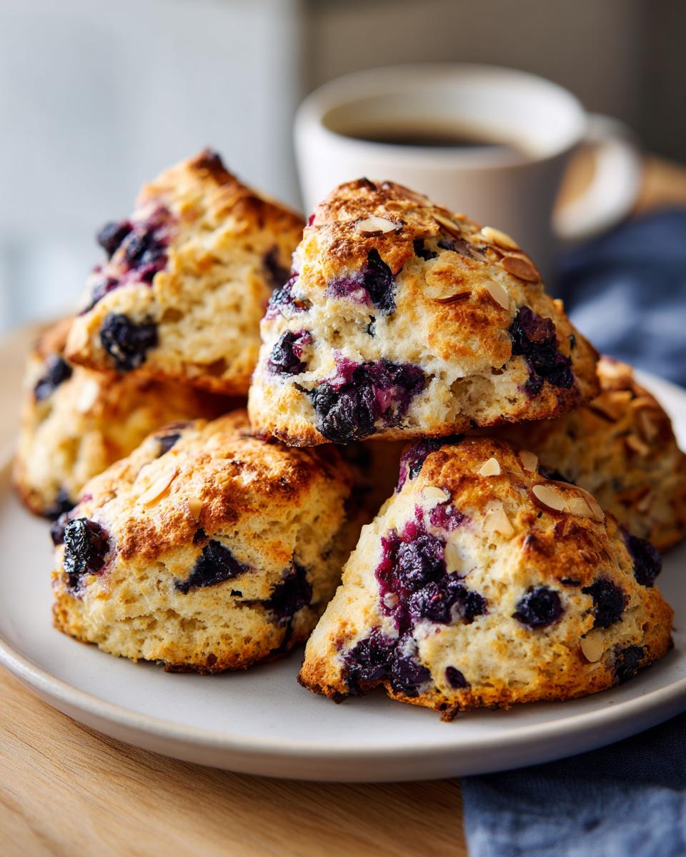 A stack of delicious Dairy Free Blueberry Almond Scones on a plate, with a cup of coffee in the background.