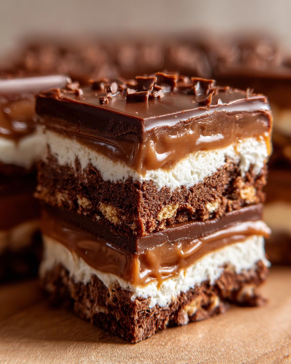 A cross-section of a rich Caramilk Slice showing layers of chocolate base, cream, caramel, and chocolate topping.