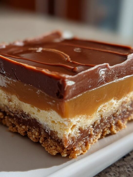 A single, layered square of decadent Caramilk Slice showing a biscuit base, creamy layer, thick caramel, and chocolate topping.