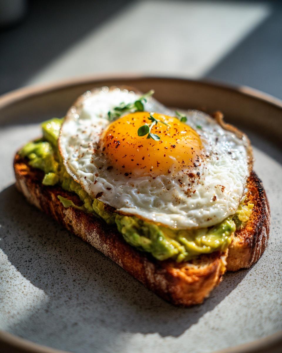 Close-up of delicious avocado toast with a perfectly fried egg on top, garnished with microgreens.