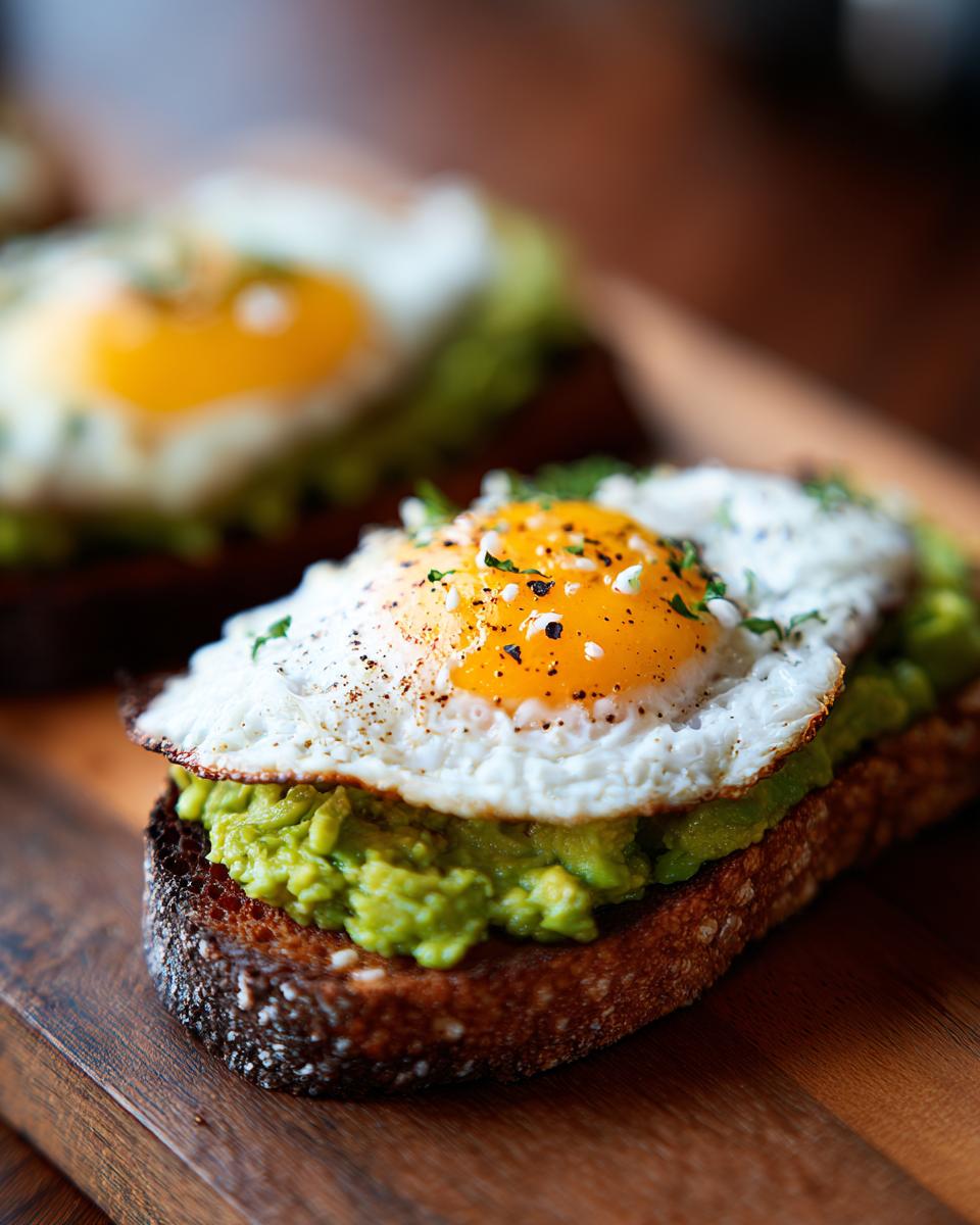 Close-up of delicious avocado toast with egg, topped with herbs and pepper.