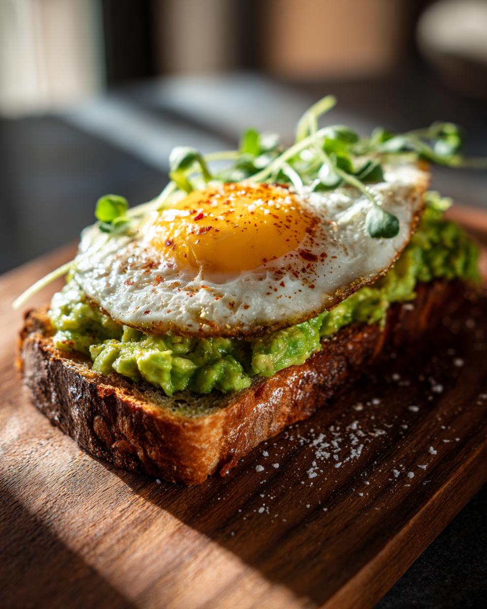 A close-up of delicious avocado toast with egg, topped with microgreens and paprika.