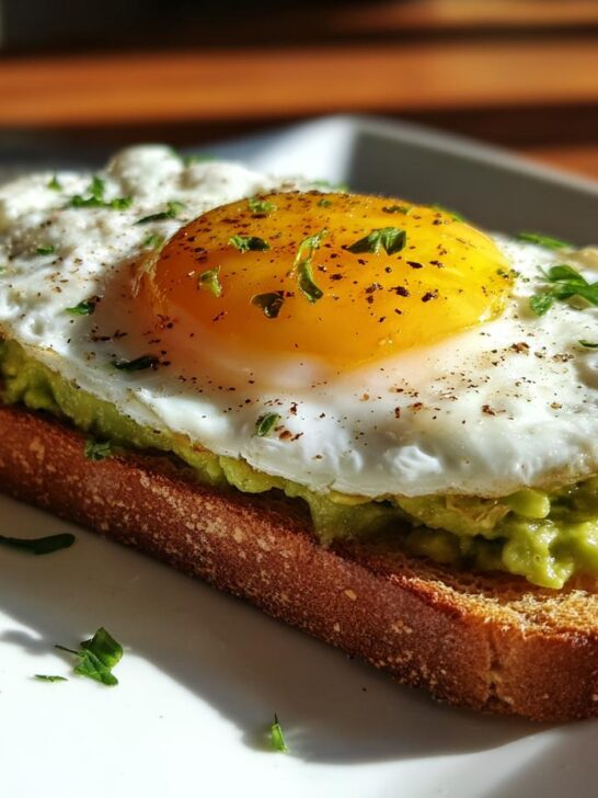 A slice of toast topped with mashed avocado and a sunny-side-up egg, seasoned with pepper and parsley. Delicious Avocado Toast With Egg.