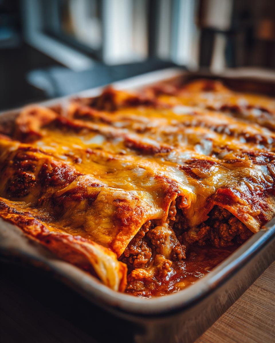 Close-up of a baking dish filled with delicious easy ground beef enchiladas, topped with melted cheese and sauce.