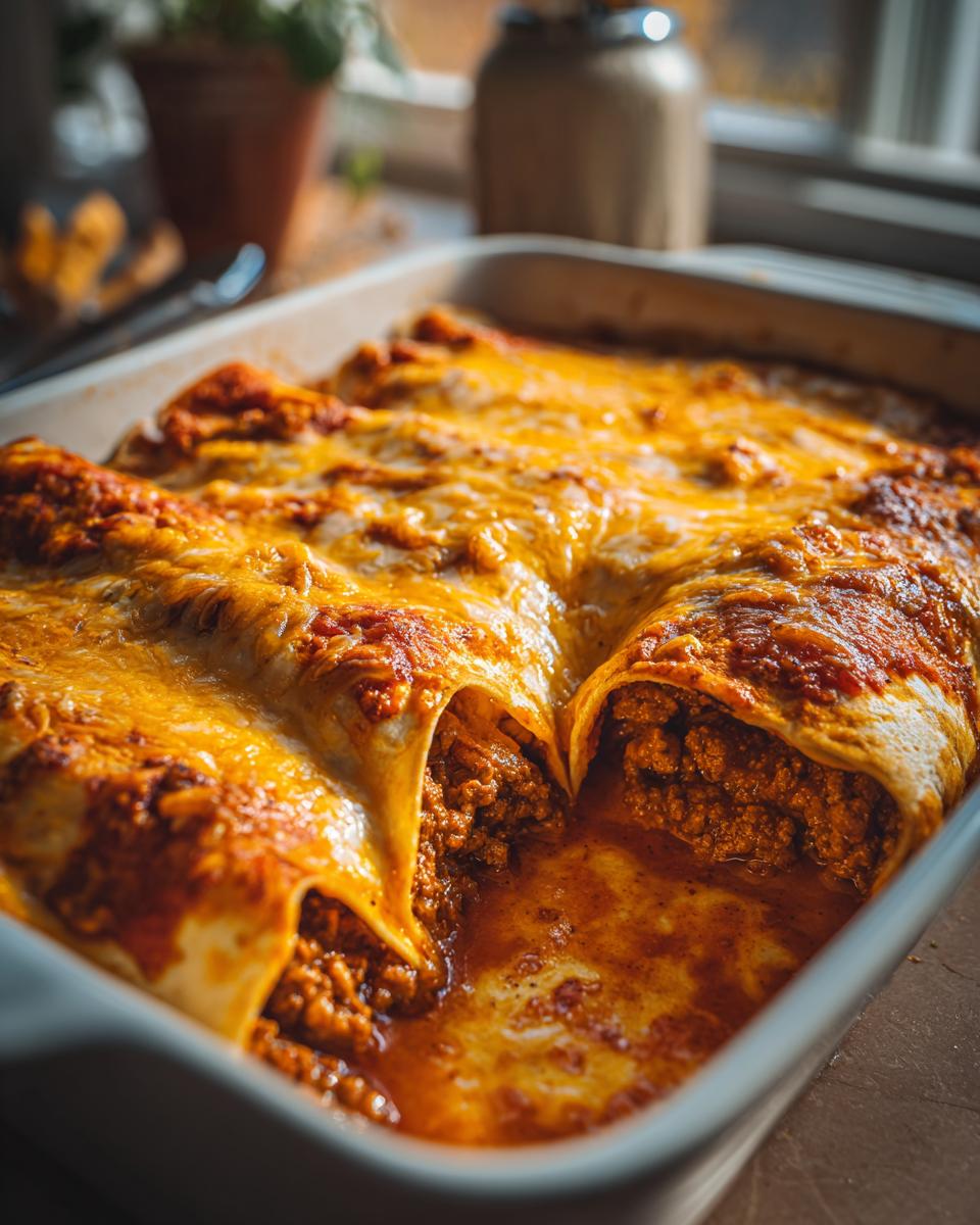 Close-up of a baking dish filled with Delicious Easy Ground Beef Enchiladas, topped with melted cheese and enchilada sauce.