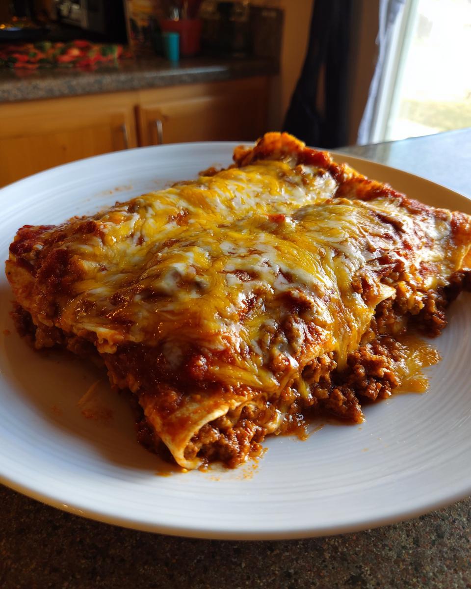 A plate of Delicious Easy Ground Beef Enchiladas covered in melted cheese and enchilada sauce.
