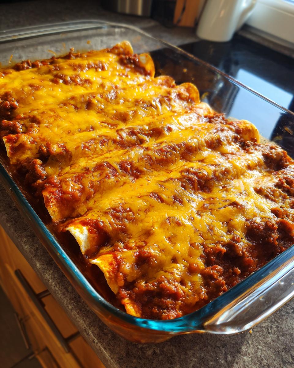A pan of delicious easy ground beef enchiladas, topped with melted cheese and enchilada sauce.