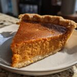 A slice of Delicious Vegan Pumpkin Pie on a plate, showing the creamy filling and golden crust.