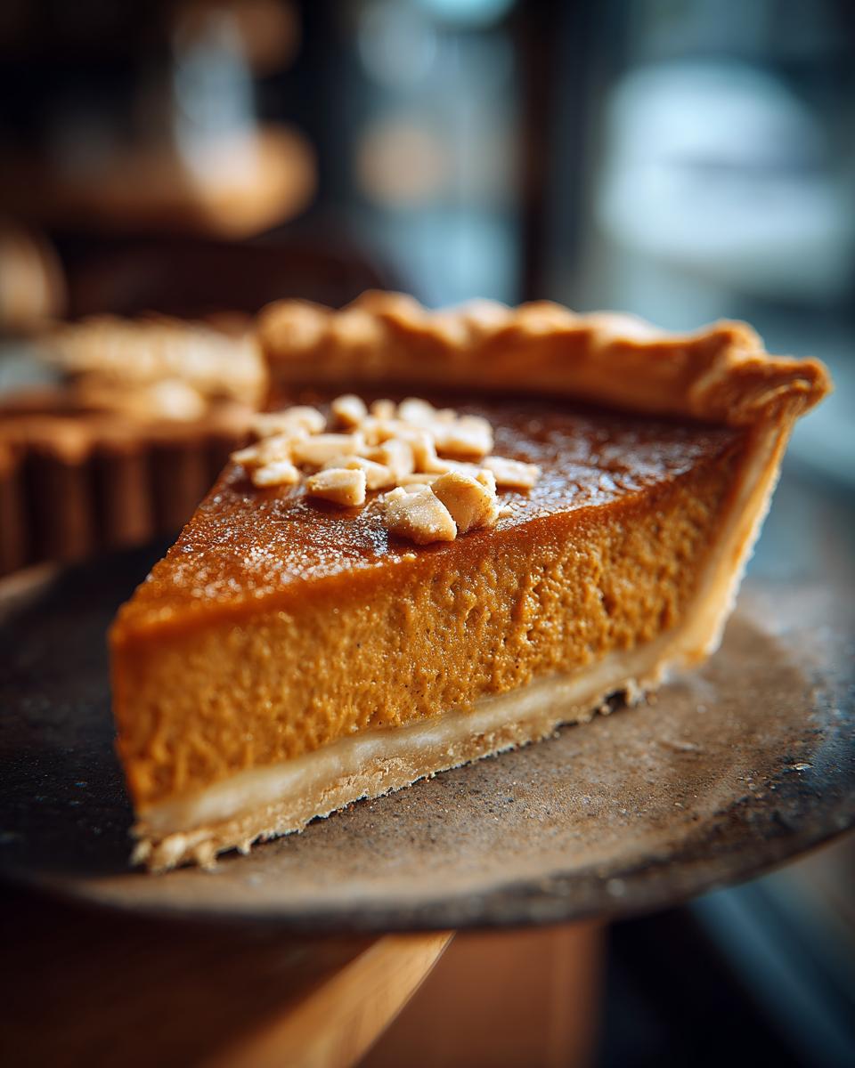 A close-up shot of a slice of Delicious Vegan Pumpkin Pie, topped with chopped nuts and a dusting of powdered sugar.