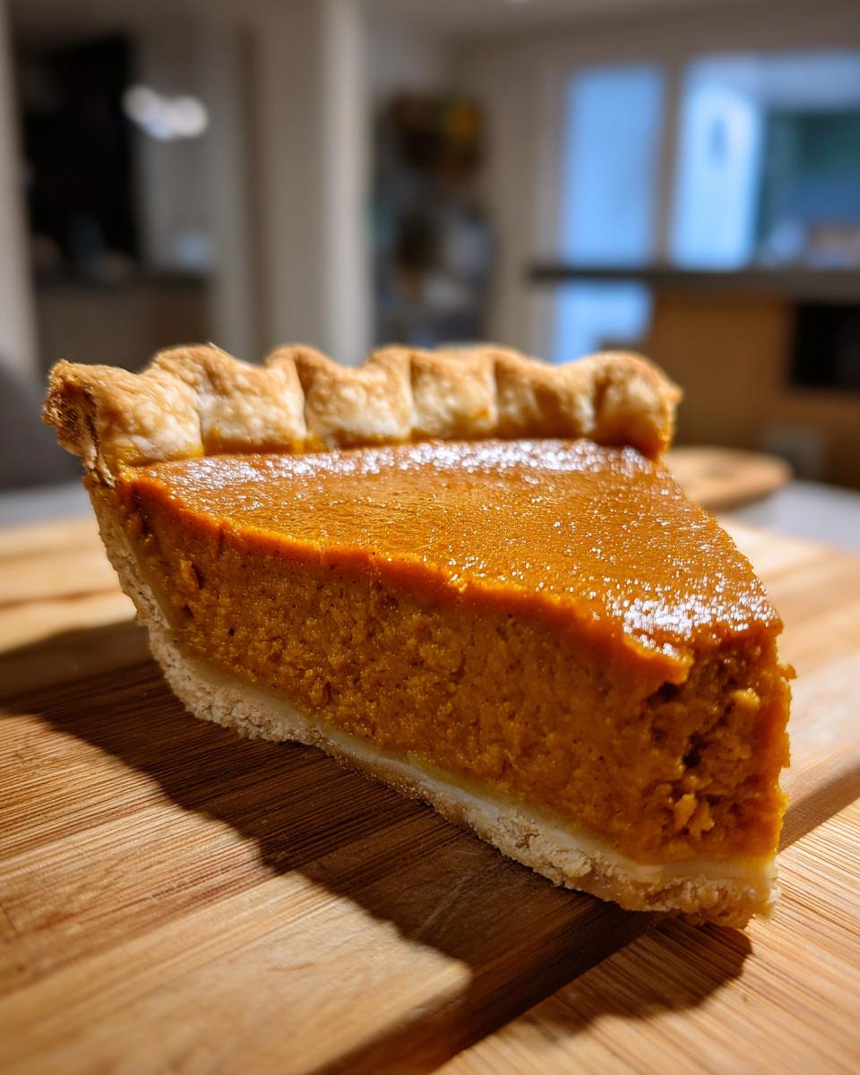 A close-up shot of a slice of Delicious Vegan Pumpkin Pie on a wooden cutting board.