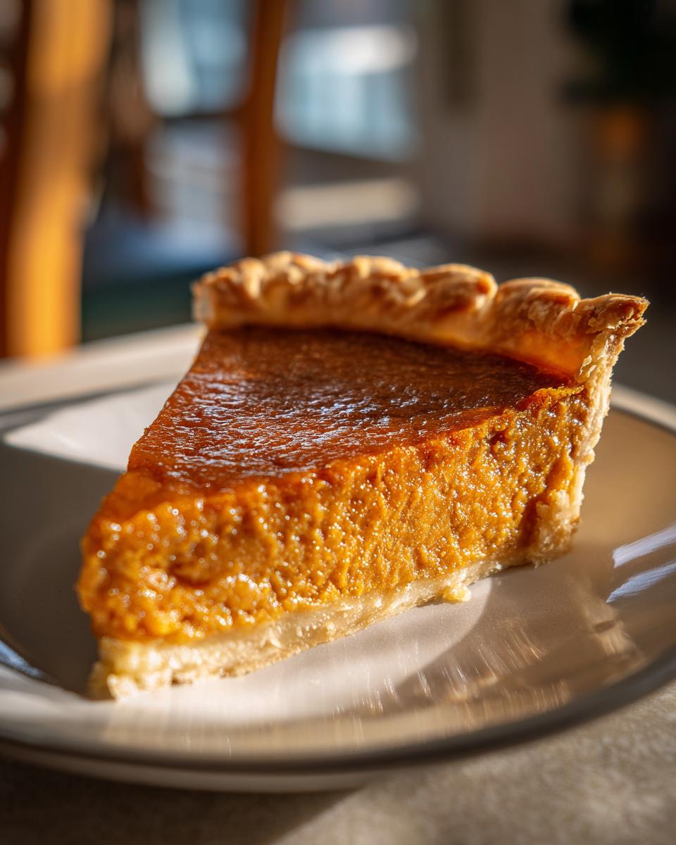 A close-up of a slice of Delicious Vegan Pumpkin Pie on a plate, with a golden crust and rich orange filling.