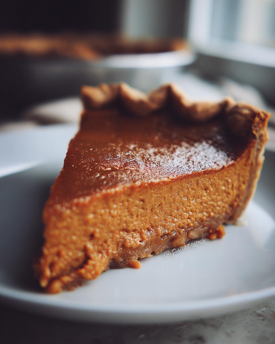 A close-up of a slice of Delicious Vegan Pumpkin Pie on a white plate, with a flaky crust.