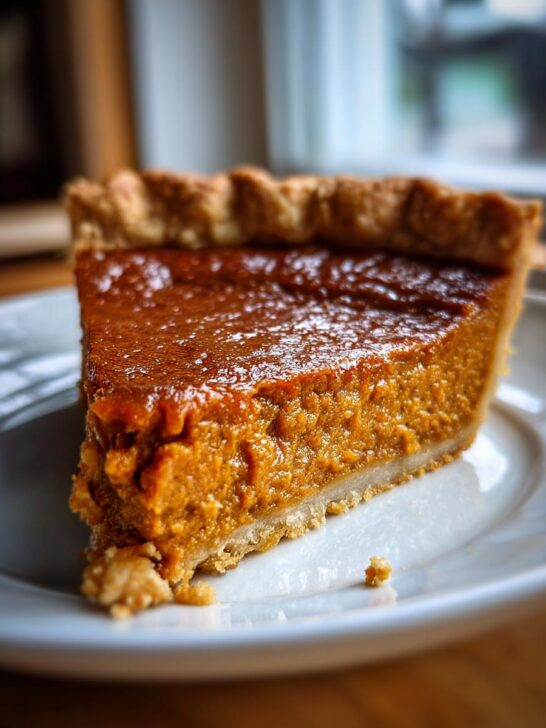 A close-up of a slice of Delicious Vegan Pumpkin Pie with a flaky crust, served on a white plate.