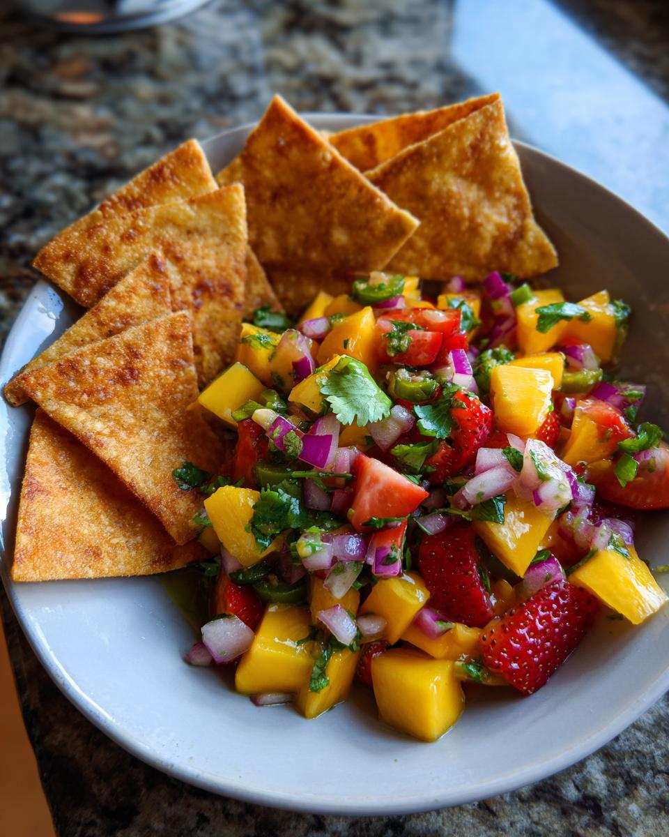 A bowl of fresh fruit salsa with mango, strawberries, and red onion, served with crispy cinnamon chips.