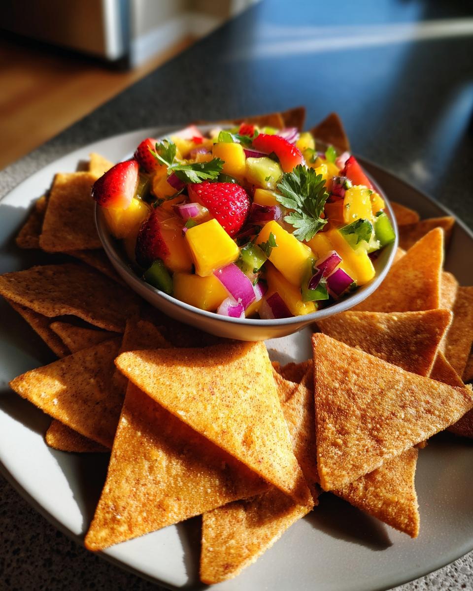 A bowl of colorful fruit salsa with strawberries, mango, kiwi, and red onion, surrounded by cinnamon chips.