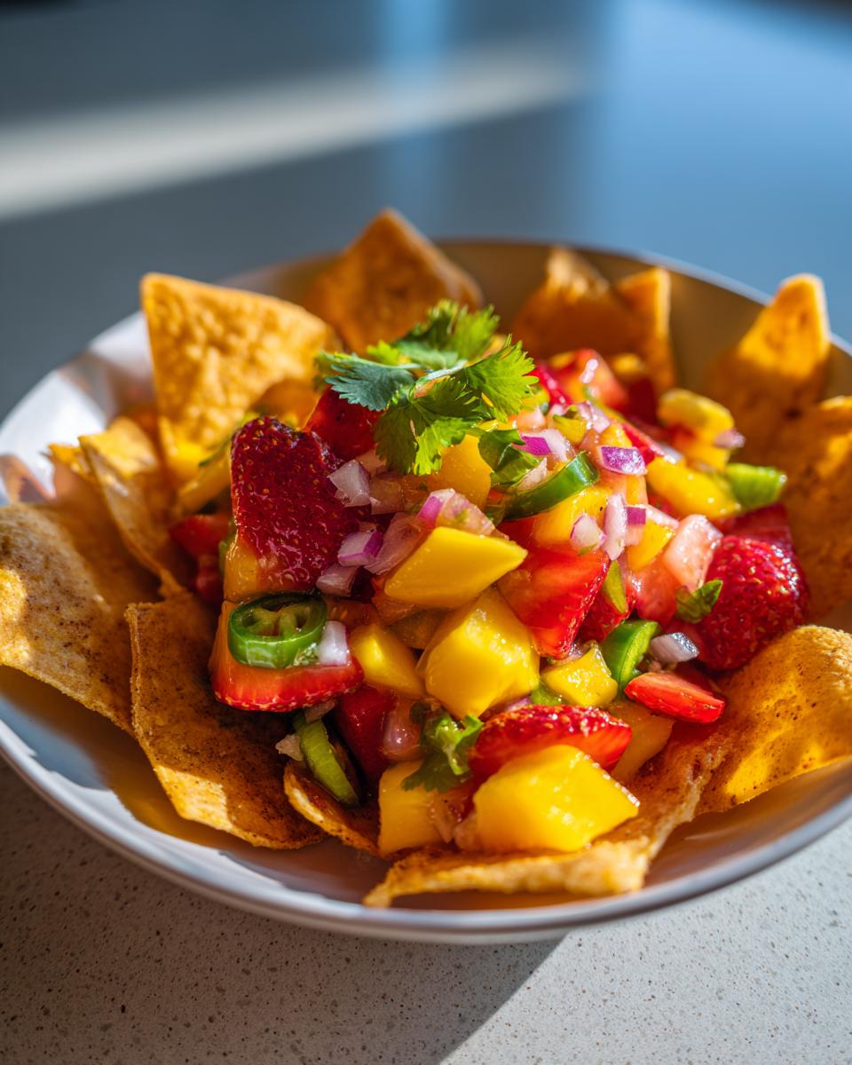 A bowl of Delightful Fruit Salsa and Cinnamon Chips, featuring strawberries, mango, red onion, jalapenos, and cilantro.